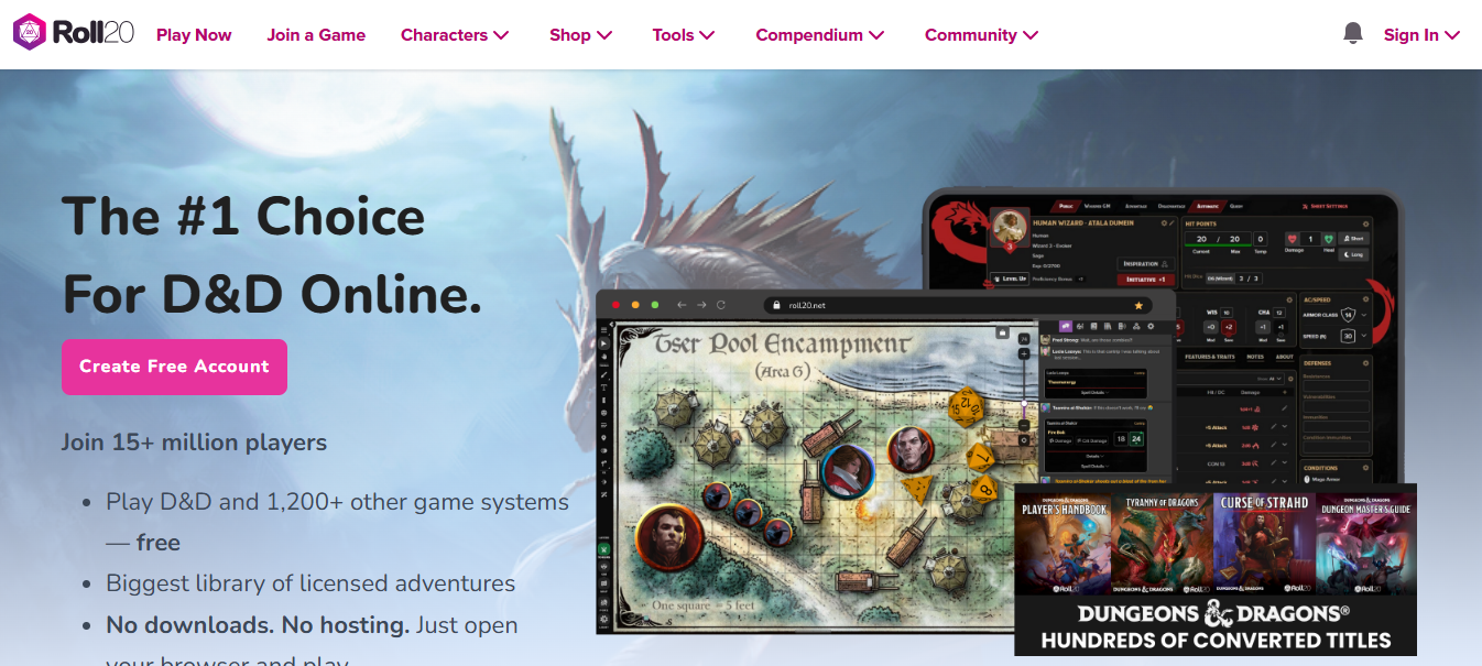 Roll20 screenshot — The most widely used browser-based virtual tabletop, free to start